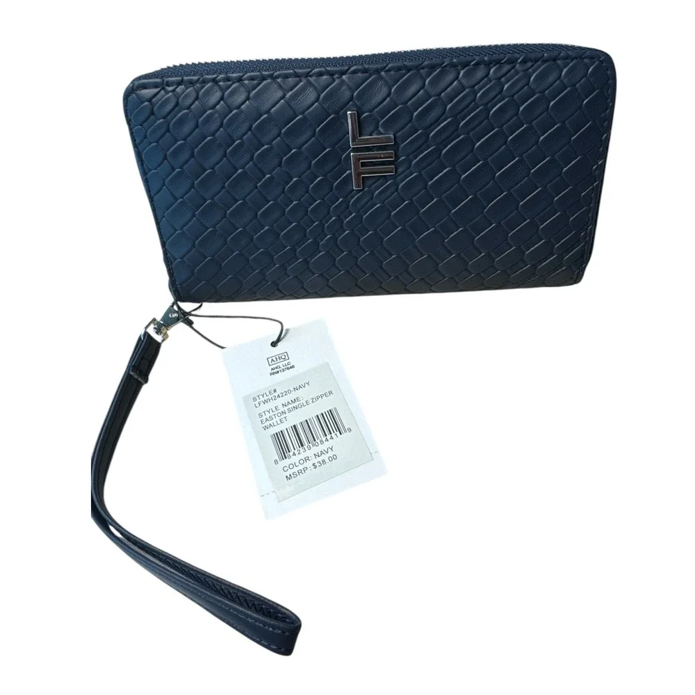 London Fog Easton Navy Blue Single Full Zip Wallet Textured‎ Finish Compact NWT